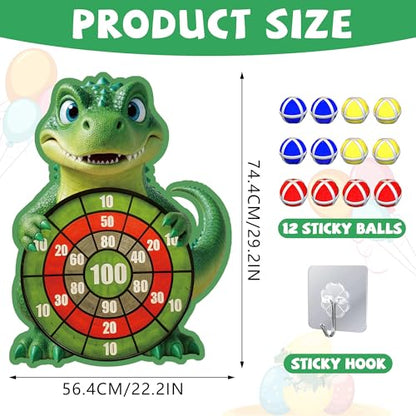 Cartoon Dinosaur Themed Toss Game Banner with 12 Sticky Balls, 30” Large Dino Dart Board for Indoor Outdoor Games Birthday Party Supplies