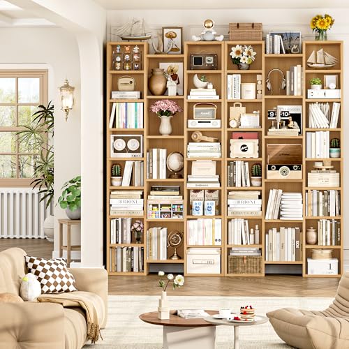 FOTOSOK 71'' Tall Bookshelf with 21 Cubes, 8 Tier Triple Wide Bookshelf with 8 Adjustable Shelves, 35" Wood Bookcase DVD/CD Media Tower Storage, Freestanding Display Shelf Cabinet, Natural - color: Natural