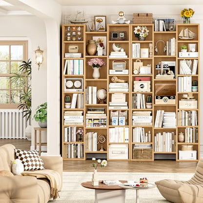 FOTOSOK 71'' Tall Bookshelf with 21 Cubes, 8 Tier Triple Wide Bookshelf with 8 Adjustable Shelves, 35" Wood Bookcase DVD/CD Media Tower Storage, Freestanding Display Shelf Cabinet, Natural - color: Natural