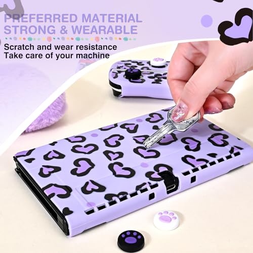 DLseego Love Leopard Carrying Case for Switch OLED 2021 Accessories Set, Portable Carrying Case with 1 Soft TPU Shell & 1PCS Plush Pendant & 12 Slots & 4PCS Cat Paw Thumb Grips Caps - Purple - color: Purple