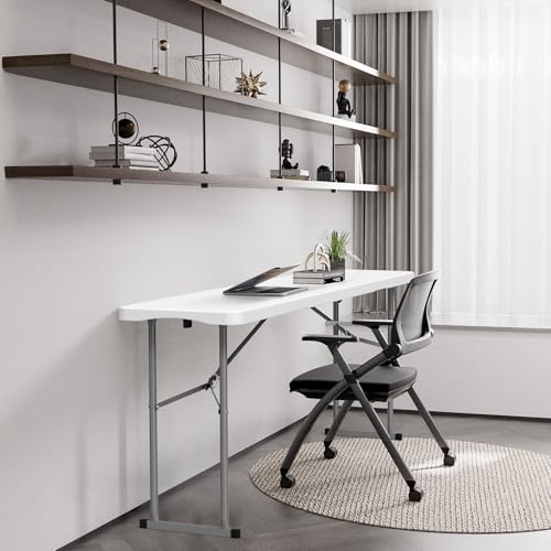 VINGLI 6 FT Narrow Folding Table, Tabletop Folded in Half, Premium Quality HDPE Material and Sturdy Metal Frame, Perfect for Buffet, Seminar, Party, Training, Home Work, White - color: White