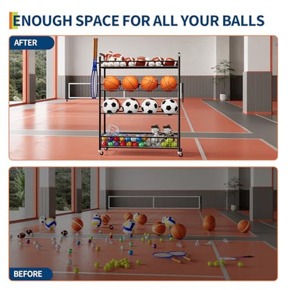 GarveeLife Garage Sports Equipment Organizer - Rolling Ball Storage Bin with Wheels, Garage Sports Gear Rack Outdoor Basketball Racks for Balls with Baseball Bat Holder and Hooks, Toy Organizer