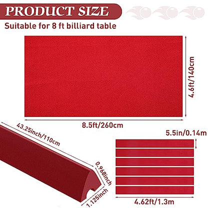 Mixweer Billiard Cloth for 8 ft Pool Table Pre Cut Felt with 6 Cloth Strips and 6 Pool Table Rubber Bumpers for Bars, Clubs, Hotels Replacement - color: Red
