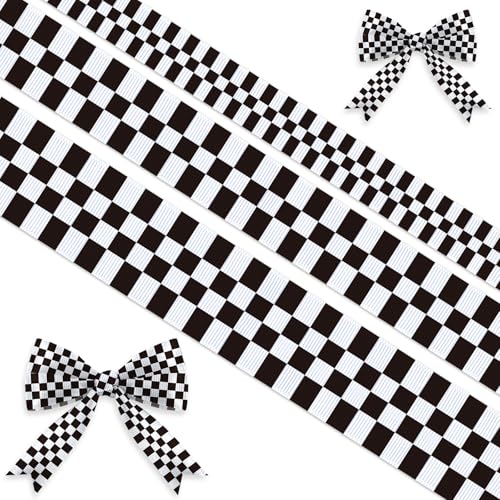 3 Rolls Black White Checkered Ribbon for Racing Car Party DIY Wreaths Grosgrain Sport Ribbon for Gift Wrapping, Race Track Bows, Crafts, Racing Birthday Party Home Decoration Supplies 15 Yards - color: Racing