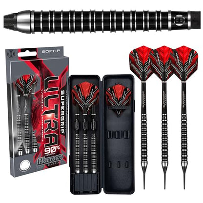Harrows SUPERGRIP Ultra 90% Tungsten Soft Tip Darts Set. Available in 18g, 21g, 22g - Includes Supergrip Carbon Shafts, Supergrip Flights & Travel Case
