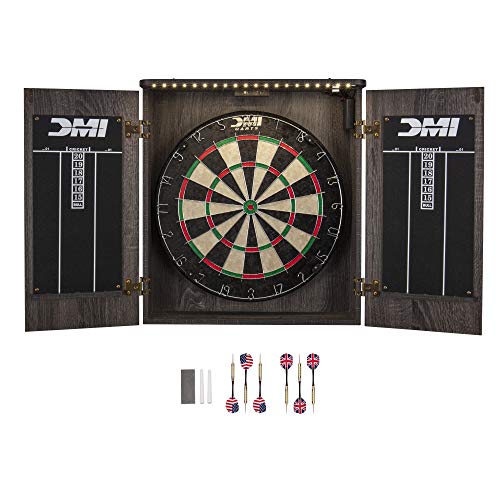 DMI Sports Paris Bristle Dartboard Cabinet Sets - Includes LED Lighting or Electronic Scoring Option, Rustic Grey (D4400W)