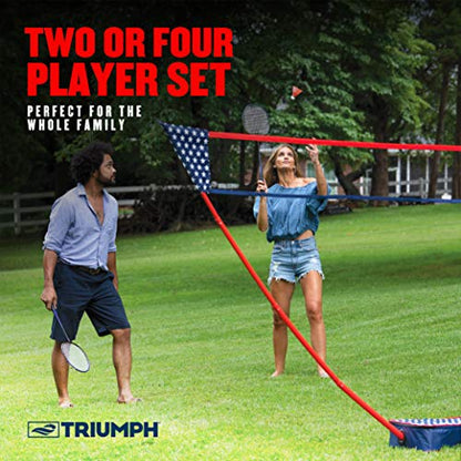 Triumph Patriotic Portable Badminton Set with Freestanding Net, 4 Rackets, 2 Shuttlecocks, and Carry Case – All-in-One Outdoor Game for Backyard, Beach, Camping, and Family Fun