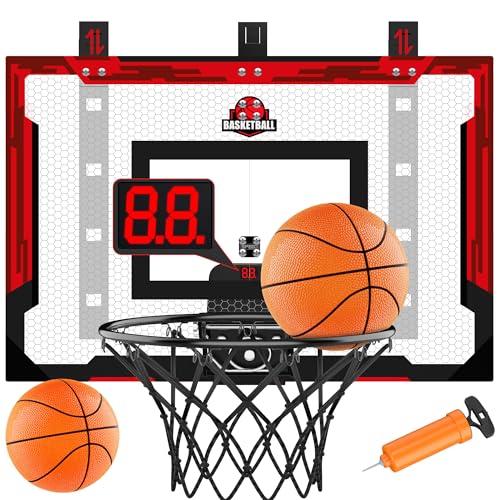 24" x 16" Indoor Large Basketball Hoop Toy - Upgraded Adjustable Height Basketball Hoop Over The Door with Scoreboard/2 Balls, Basketball Toys Christmas Birthday Gifts for Kids & Adults(Red) - color: Red