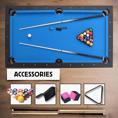 Freetime Fun 6 FT Pool Table, No Assembly, Portable, Includes Billiard Tables Accessories- 2 Pool Cues, Set of Balls, Triangle, Pool Table Brush, Chalk - color: Blue Felt