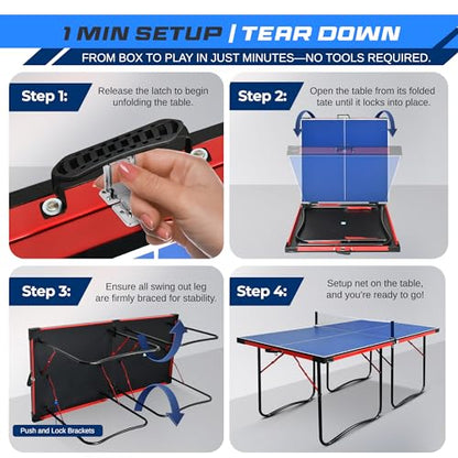SereneLife Midsize Foldable Ping Pong Table Set with Net, Clipper, Post - 6' x 3' Portable Space-Saving Design, Blue