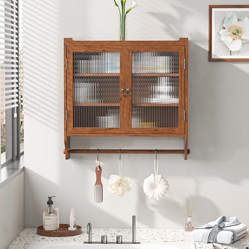 Retro Style Haze Double Glass Door Wood Wall Cabinet with Detachable Shelves for Office, Dining Room,Living Room, Kitchen and Bathroom Brown - color: Brown