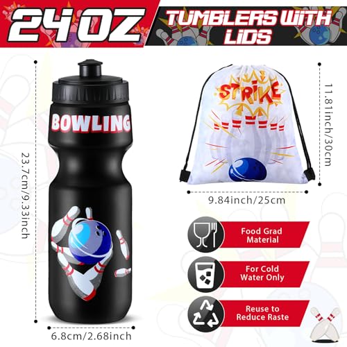 Hosuly 12 Pack Bowling Party Favors Set, Bowling Drawstring Bags & 24 oz Water Bottles, Kids Birthday Party Supplies, Bulk Plastic Sport Water Bottle, Goodie Bag for School Reward Gym Team Gifts