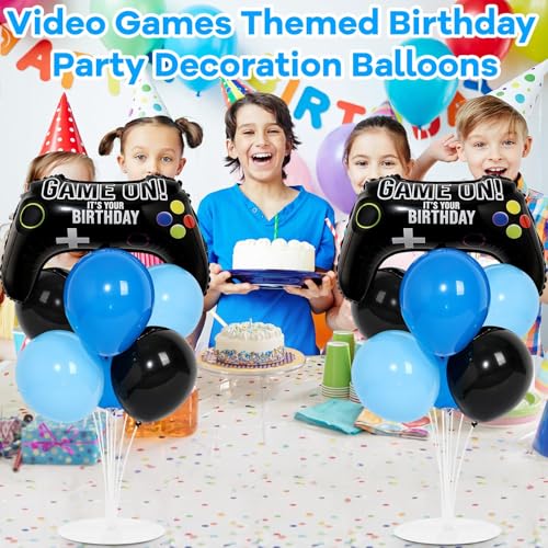 Video Game Birthday Party Balloons Stand Kit 2 Sets with 2 Game Handle Foil Balloons Black Blue Balloon Centerpiece for Tables for Boy Girl Gamer Gaming Night Birthday Baby Shower Party Decoration - style: Video Game