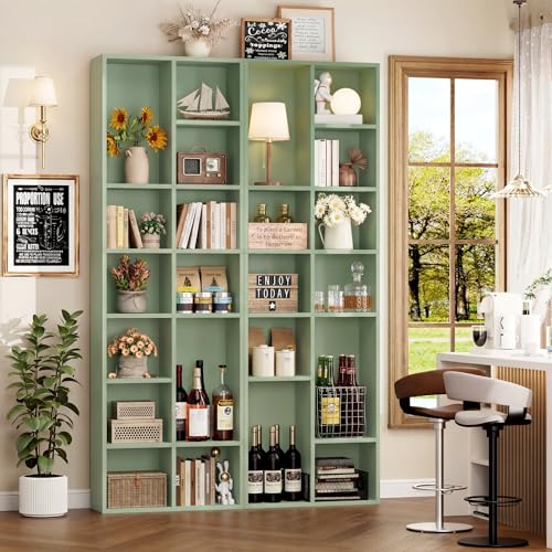 FOTOSOK 71'' Tall Bookshelf with 14 Cubes, 7 Tier Double Wide Bookshelf with 6 Adjustable Shelves, 19.6" Narrow Bookcase DVD/CD Media Storage Shelf, Space Saving Display Shelf Cabinet, Green - color: Green