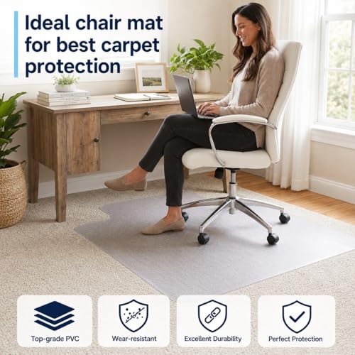 Chair Mat for Carpet- Low Pile (1/4" Thick) Carpet Protector for Office Gaming Computer Desk Chair. Heavy Duty Desk Chair Mat for Carpeted Floors, Semi Transparent (with Lip)