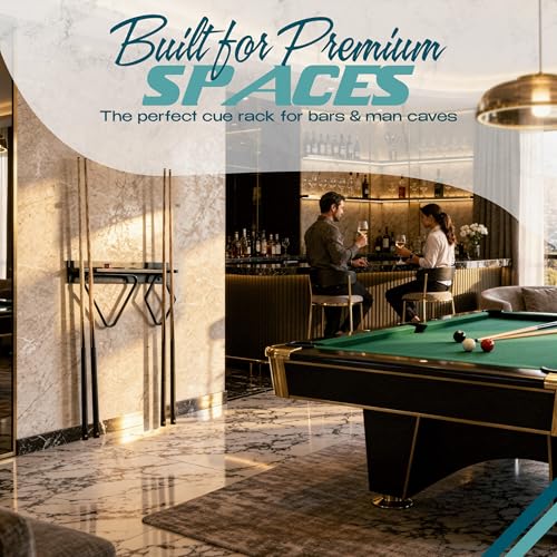 Pool Stick Holder Wall Mount - 4 Pool Cue Rack with Accessories Shelf and 4 Drink Holders - Bamboo Billiard Cue Rack for Game Room or Bar - Black - 5.1 x 23.2 x 4.3 Inches