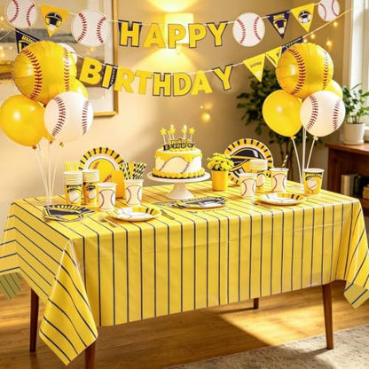 4 Pcs Plastic Baseball Tablecloths, Rectangle Yellow Blue Stripe Table Cloth for Baseball Team Game Day Banana Team Sports Theme Party Supplies, 51 x 86 Inches - color: Blue on Yellow