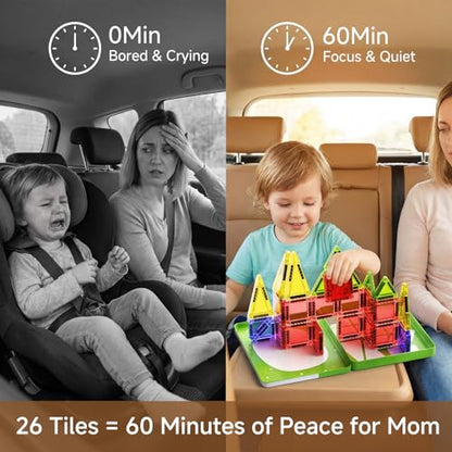 Travel Magnetic Tiles for Kids Car Games: 26 PCS Mini Magnet Building Blocks in Tin Box to Stop Crying - 0.64 lb Pocket Size Educational Toy - Road Trip Essentials - Boys Girls Age 3-8 - style: Green 26PCS
