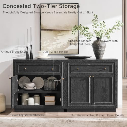 ACCOHOHO Modern Farmhouse Buffet Cabinet, 31.5" Sideboard Credenza, Modular Storage Cabinet with Framed Panel Fronts, Adjustable Shelves & Dual Base Design, Charcoal Black - color: Charcoal Black, size: 1 Piece