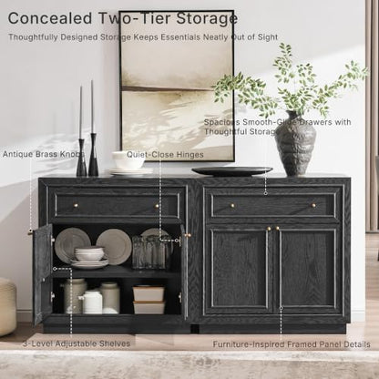 ACCOHOHO Modern Farmhouse Buffet Cabinet, 126" Sideboard Credenza, Modular Storage Cabinet with Framed Panel Fronts, Adjustable Shelves & Dual Base Design, Charcoal Black - color: Charcoal Black, size: 4 Piece