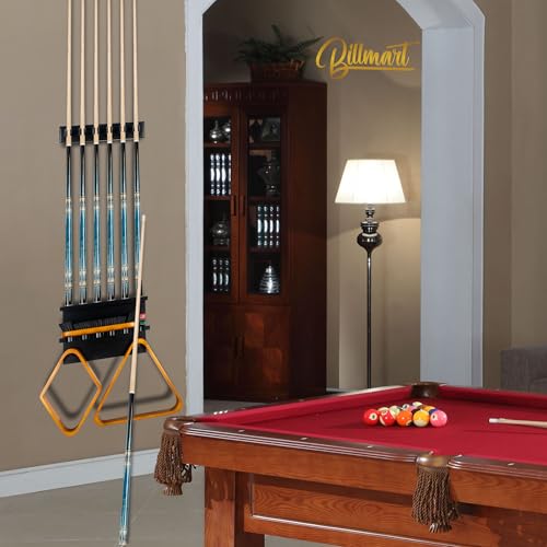 Billmart Wall Mount Pool Stick Holder - Billiards Pool Cue Rack for 6 Cues Sticks Storage Pool Table Accessories, Black