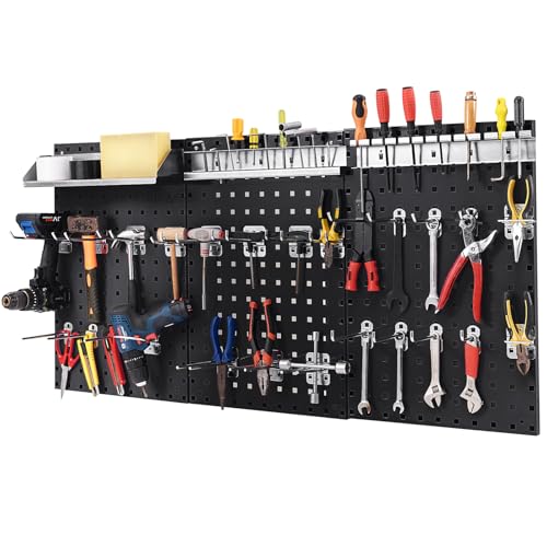 Goplus Garage Pegboard, Metal Pegboard Tool Organizer Kit with 3 Pegboards & 28 Pcs Hanging Accessories, Heavy Duty Wall Organizer Peg Board for Workshop, Tool Storage, Black - color: Black