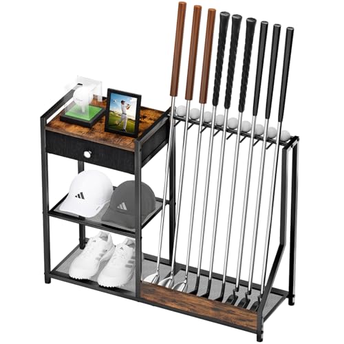 Large Golf Putter Stand, Golf Club Holder for 9 Clubs and 9 Balls Storage, Wood & Metal Golf Club Organizer, Golf Equipment Display Rack for Indoor Home Basement Garage, Club Simulator, Black