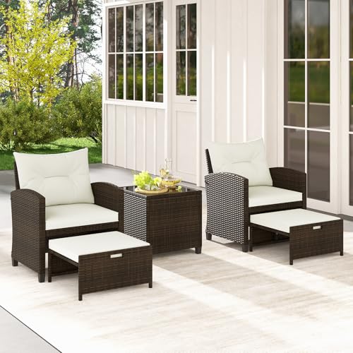 Tangkula 5 Pieces Patio Conversation Set, PE Wicker Outdoor Furniture Set with 2 Chairs, 2 Ottomans & Tempered Glass Coffee Table, Ideal for Poolside, Backyard, Lawn, Deck, Mix Brown & Off White - color: Mix Brown & Off White