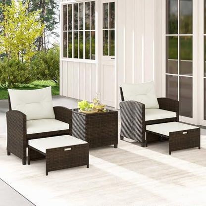 Tangkula 5 Pieces Patio Conversation Set, PE Wicker Outdoor Furniture Set with 2 Chairs, 2 Ottomans & Tempered Glass Coffee Table, Ideal for Poolside, Backyard, Lawn, Deck, Mix Brown & Off White - color: Mix Brown & Off White
