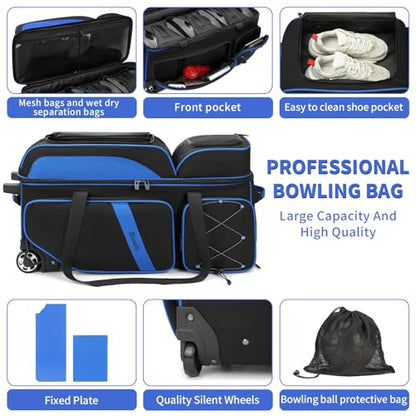 BOSSTIN 3-4 Ball Bowling Bags with Wheels, Secure Hook & Loop Fixed Ball Cup & Shoe Compartment (Fits Up to Size 16), Roller with Multi-Pockets