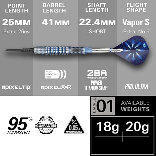 Target Darts Phil Taylor Soft Tip Gx2 Dart Set, 18G/20G | 95% Tungsten Darts, Pro Ultra No.6/Vapor S Flights & Power Titanium Shafts, Pixel Tips | Player Edition Power Generation Professional Dart Set - size: 20G