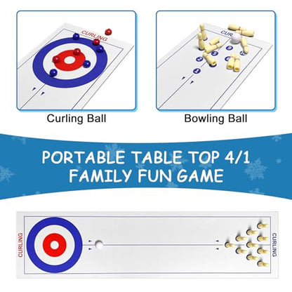 4-in-1 Tabletop Curling, Shuffleboard, Bowling & Cornhole Game - 47"(120x30cm) Family Game Set for All Ages - Easy Setup & Compact Design, Great for Home & Outdoor Fun