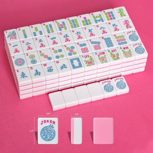 American Mahjong Game Set, 166 Pink Tiles (1.2”), 4 All-in-One Color Rack/Pushers & Drawstring Bag, Complete Mahjong Sets with Pink Printed Carrying Bag and Mahjong Tile Set Accessories - color: Pink