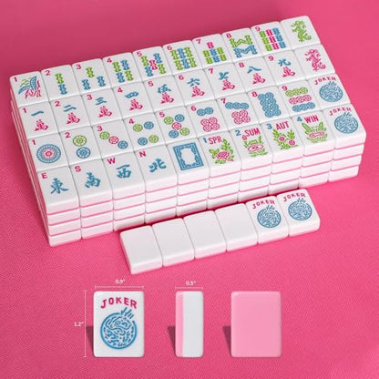 American Mahjong Game Set, 166 Pink Tiles (1.2”), 4 All-in-One Color Rack/Pushers & Drawstring Bag, Complete Mahjong Sets with Pink Printed Carrying Bag and Mahjong Tile Set Accessories - color: Pink