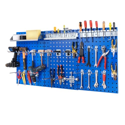 Goplus Garage Pegboard, Metal Pegboard Tool Organizer Kit with 3 Pegboards & 28 PCs Hanging Accessories, Heavy Duty Wall Organizer Peg Board for Workshop, Tool Storage - color: Blue