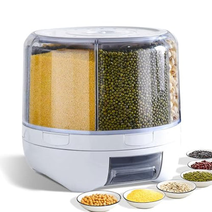 Grain Dispenser, 360° Rotating Storage Container, 6 Grid Food Dispenser with Storage Sealed Lid, Rice Dispenser for Grains, Beans, Rice, Peanut, Barley - size: M-WHITE