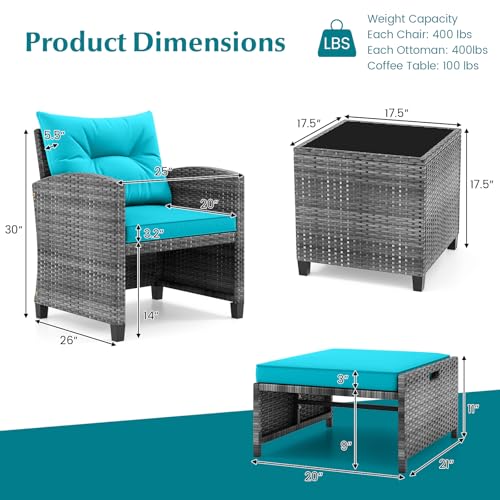 Tangkula 5 Pieces Patio Conversation Set, PE Wicker Rattan Outdoor Furniture Set with 2 Chairs, 2 Ottomans & Tempered Glass Coffee Table, Ideal for Poolside, Backyard, Lawn, Deck, Mix Grey & Turquoise - color: Mix Grey & Turquoise