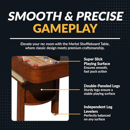 Hathaway Merlot 12 Foot Shuffleboard Table for Family Game Room - with Lacquer Coated Playfield, Built-in Scorer and Cabinet, Climate Adjusters, Leg Levelers, 8 Pucks, Brush, and Wax - Walnut Finish