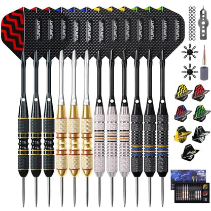 Turnart Darts Metal Tip Set - Steel Tip Darts Darts Set Professional Metal Darts 12 pcs 22/24 Grams Pro Dart Set with Stylish Case Aluminum Shafts Extra 9 Flights - color: Gold / Black