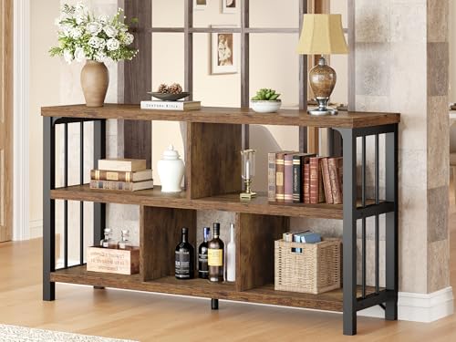 IBF Farmhouse 3 Tier Open Book Shelf, Wood and Metal 5 Cube Storage Organizer, Modern Low Horizontal Bookshelf for Bedroom Living, Long Wide Office Cubby Bookcase with Storage, Rustic Brown, 47 Inch - color: Rustic Brown, size: 47 inch