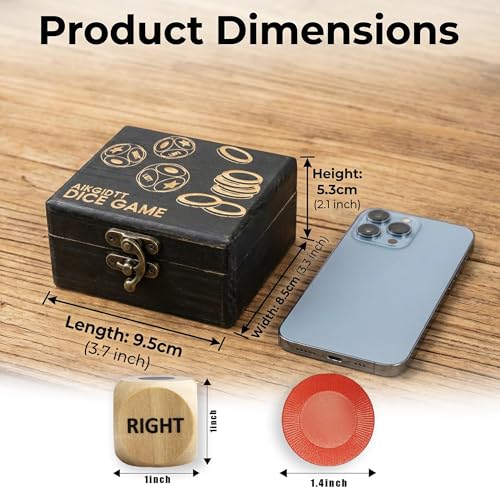 Left Right Roll Dice Game Set - 3 Wood Dice & 36 Plastic Chips in Wooden Box, Fun Family Party Dice Games for Adults, Teens & Friends, Black - color: Black