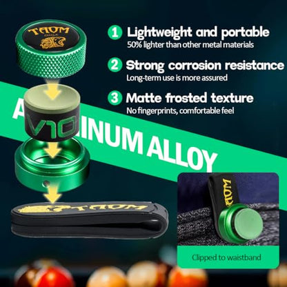 TAOM Upgrade Pool Chalk Holder Round Shaped Practical Tool Billiards Accessories Magnetic Mini Chalk Tip Case Container Round Box Billiards,Cue Tip Tool Scuffer Shaper - color: 1-Gift Set-Green with V10 Green