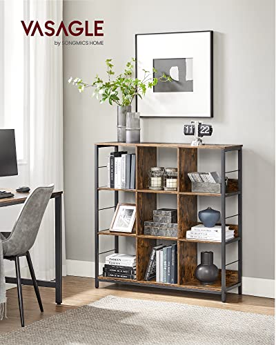 VASAGLE Bookshelf, Bookcase, 9 Cubes Storage Organizer, Industrial Open Display Shelf, for Bedroom, Office, Living Room, Metal Frame, Rustic Brown and Black ULLS112B01 - size: 11.8"D x 39.4"W x 40.6"H