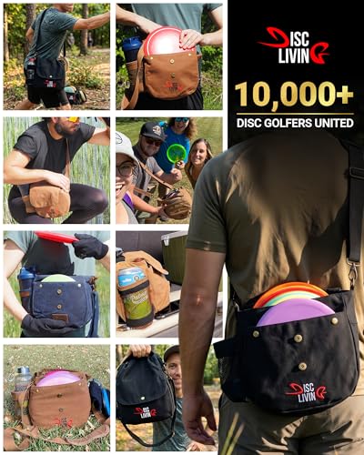 Disc Golf Bag | Frisbee Golf Bag | Easy to Carry | Lightweight Fits Up to 10 Discs | 16 oz Waxed Canvas Sturdy Design | Belt Loop | Double Button Design | Bottle Holder - style: Waxed Canvas - Brown