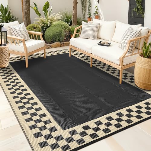 GarveeHome Waterproof Plastic Straw Outdoor Rug 9x12 Checkered Patio Outdoor Reversible Mats UV Resistant Foldable Indoor Outdoor Throw Carpets for Deck, Picnic, Porch, Camper, Balcony, Beach, Black - color: Checkered-black & Beige, size: 9' x 12' (Rectan