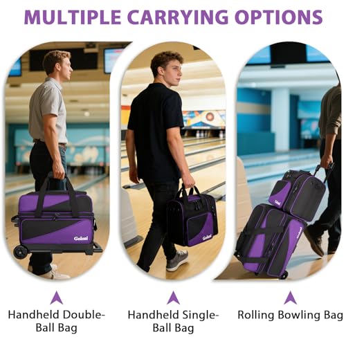 Goloni 3 Ball Bowling Bag with Wheels, 2+1 Double Roller Bowling Bag with Shoe Compartment,Tote Bag for Bowling Accessories - color: 2 Ball-Purple
