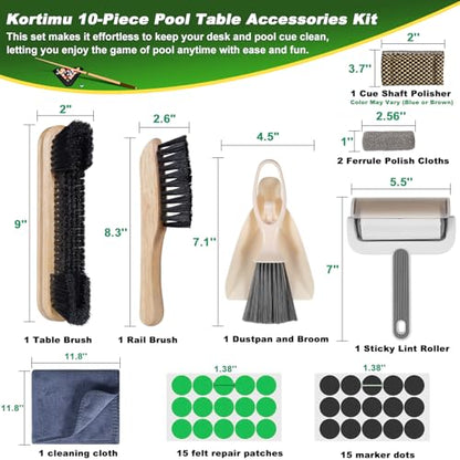 Billiard Pool Table Brushe Kit: 10 Piece Set with 2 Pool Table Brushes,2 Ferrule Polish Cloths,2 Cue Polish and Cleaning Cloths,Lint Roller,Dustpan and Broom,15 Marker Dots,15 Felt Repair Patches