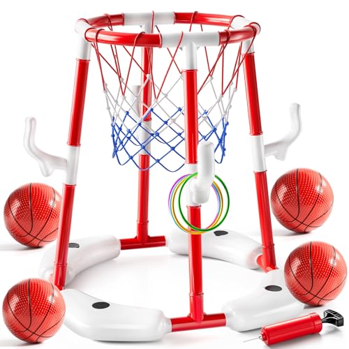 JUKUDAHU Swimming Pool Basketball Hoop Toy for Kids 2 3 4 5 6 Years Old - Floating Pool Basketball Game Toys with 4 Balls Air-Pump, Outdoor Play, Poolside Summer Water for Boys Girls Age 4-8-12 (Red) - color: Red