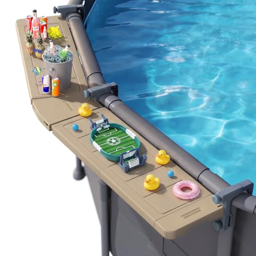 POOLHACKER Poolside Bar Extended, [Original] Swim Up Bar Exclusively for Above-Ground Round Pools. Patio Poolside Table Smart Fold Easy Maintenance, Weather Resistant Stable Tabletop - color: Light Brown