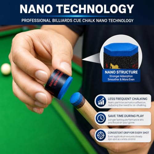 HMQQ Nano Pool Cue Chalk Set, 2 Pack Premium Low Dust Billiard Chalk with Magnetic-Ready Base, Smooth Grip, Fewer Miscues, Long Lasting Cue Tip Chalk for Pool, Snooker & 8 Ball Players